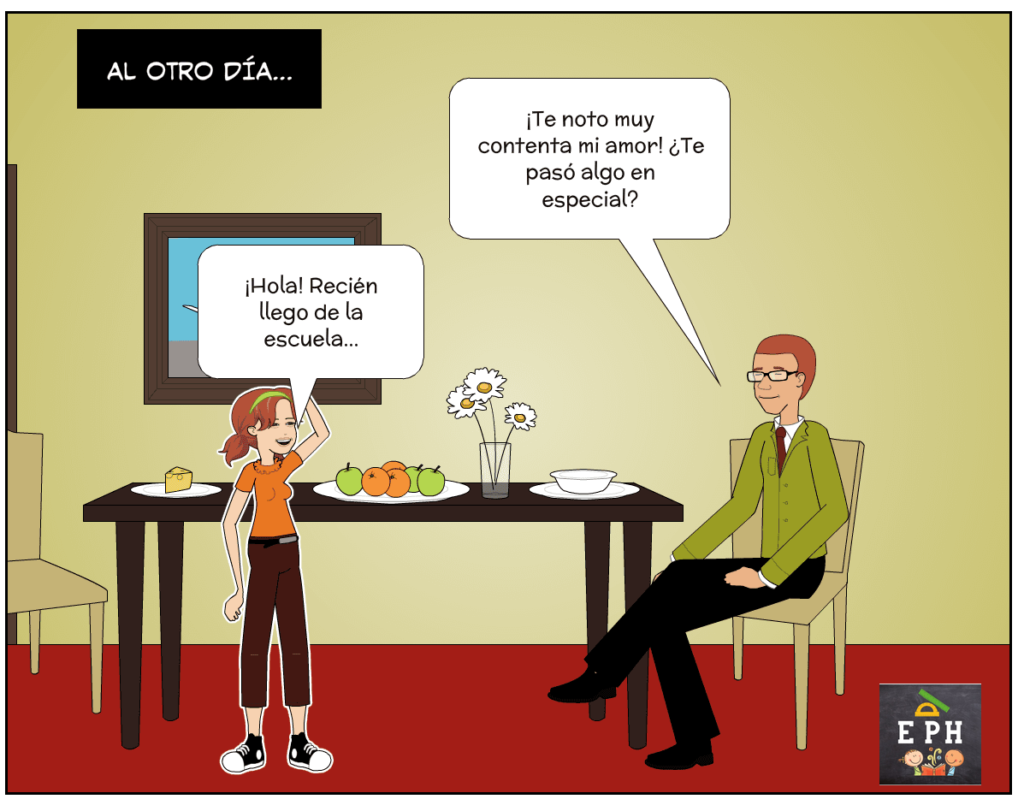 Viñeta 8 de 9. Un recuadro negro en la parte superior izquierda indica: "AL OTRO DÍA...". En el comedor de su casa, Marianela está de pie, sonriente y con una mano en la cabeza, y dice: "¡Hola! Recién llego de la escuela...". Su padre, sentado a la mesa mirándola con una sonrisa, le pregunta: "¡Te noto muy contenta mi amor! ¿Te pasó algo en especial?"