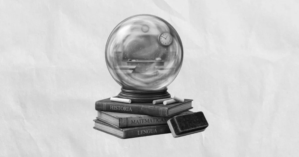 Ilustración en escala de grises de una bola de cristal mágica apoyada sobre una pila de libros escolares (Historia, Matemáticas, Lengua) y un borrador de pizarra, sobre un fondo de papel arrugado. Representa la ironía de la clarividencia docente.