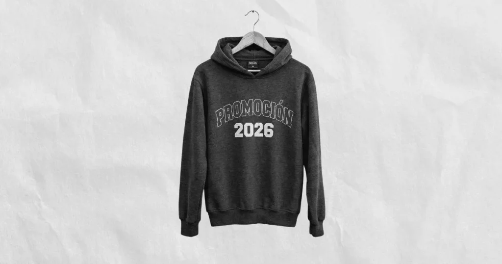 Un buzo de egresados gris colgado de una percha de madera sobre un fondo que simula un papel arrugado, con el texto "PROMOCIÓN 2026".