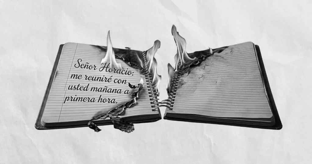 Cuaderno de comunicaciones roto con una nota y llamas que simbolizan enojo.