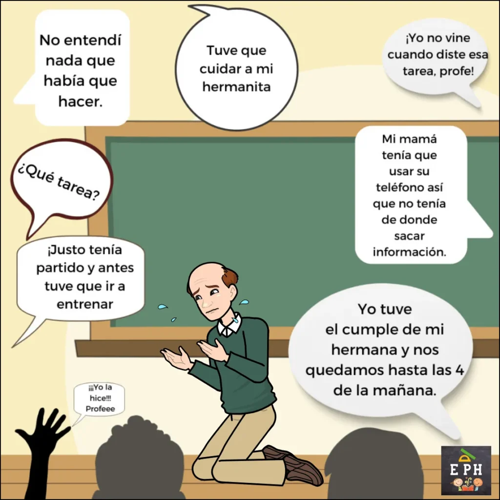 El profesor de rodillas, abrumado, rodeado de globos de texto con excusas de los alumnos por no haber hecho la tarea.