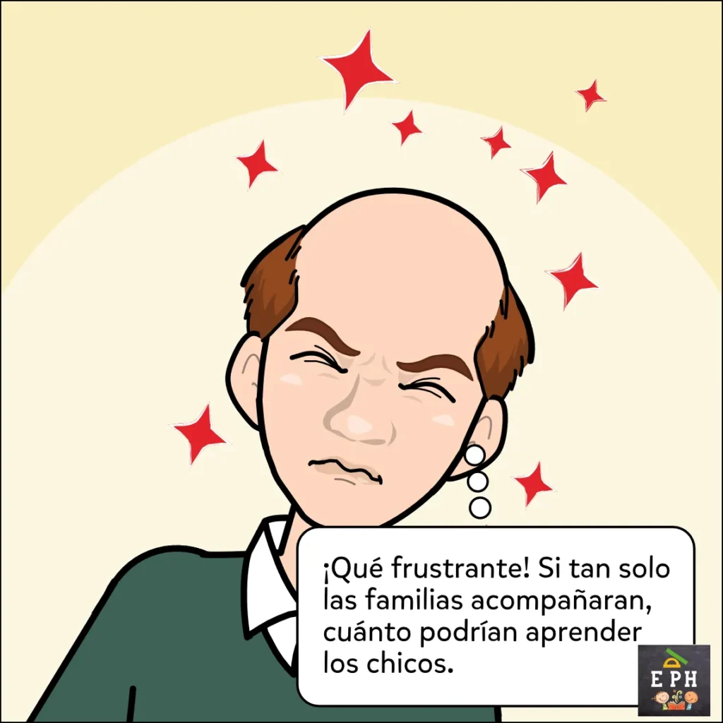 Primer plano del profesor con expresión de dolor de cabeza y estrellas rojas de frustración, pensando en la importancia del apoyo familiar.