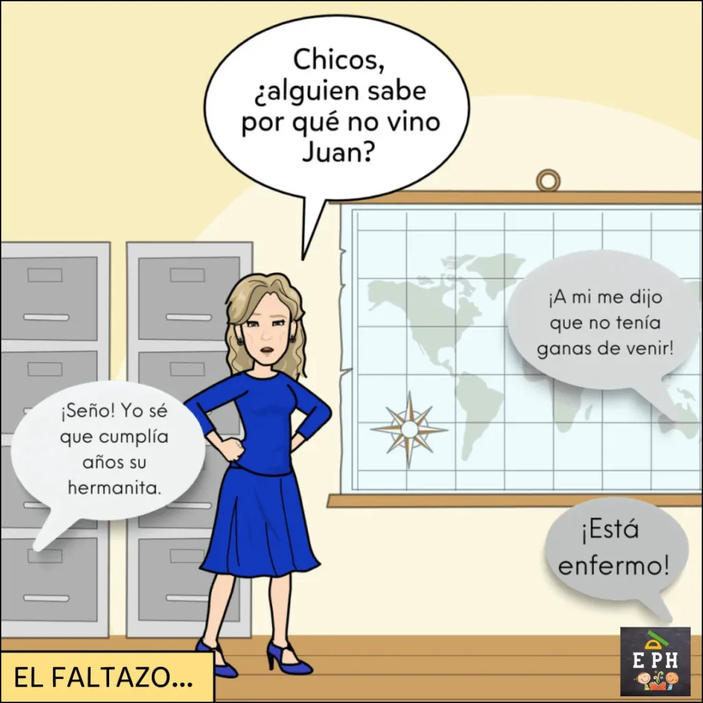 Docente en el aula pregunta por qué un alumno no vino mientras aparecen distintas excusas en globos de diálogo.
