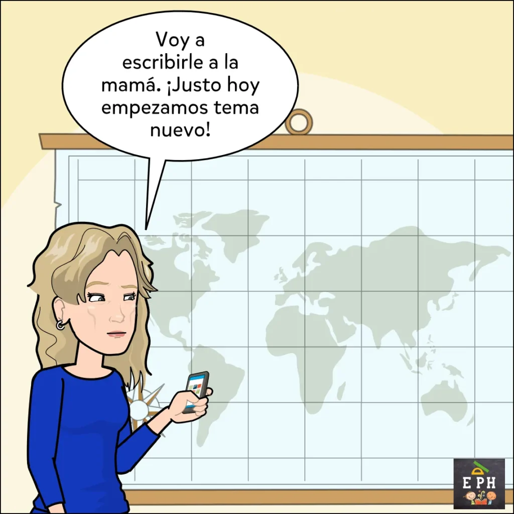 Docente en el aula mira su celular y dice que le escribirá a la mamá de un alumno ausente porque comenzaron un tema nuevo.