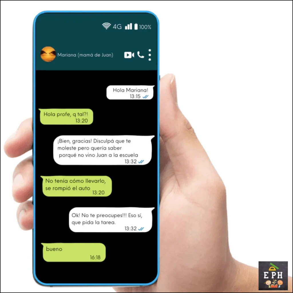 Celular sostenido en una mano muestra una conversación de mensajes entre una docente y la mamá de un alumno ausente.