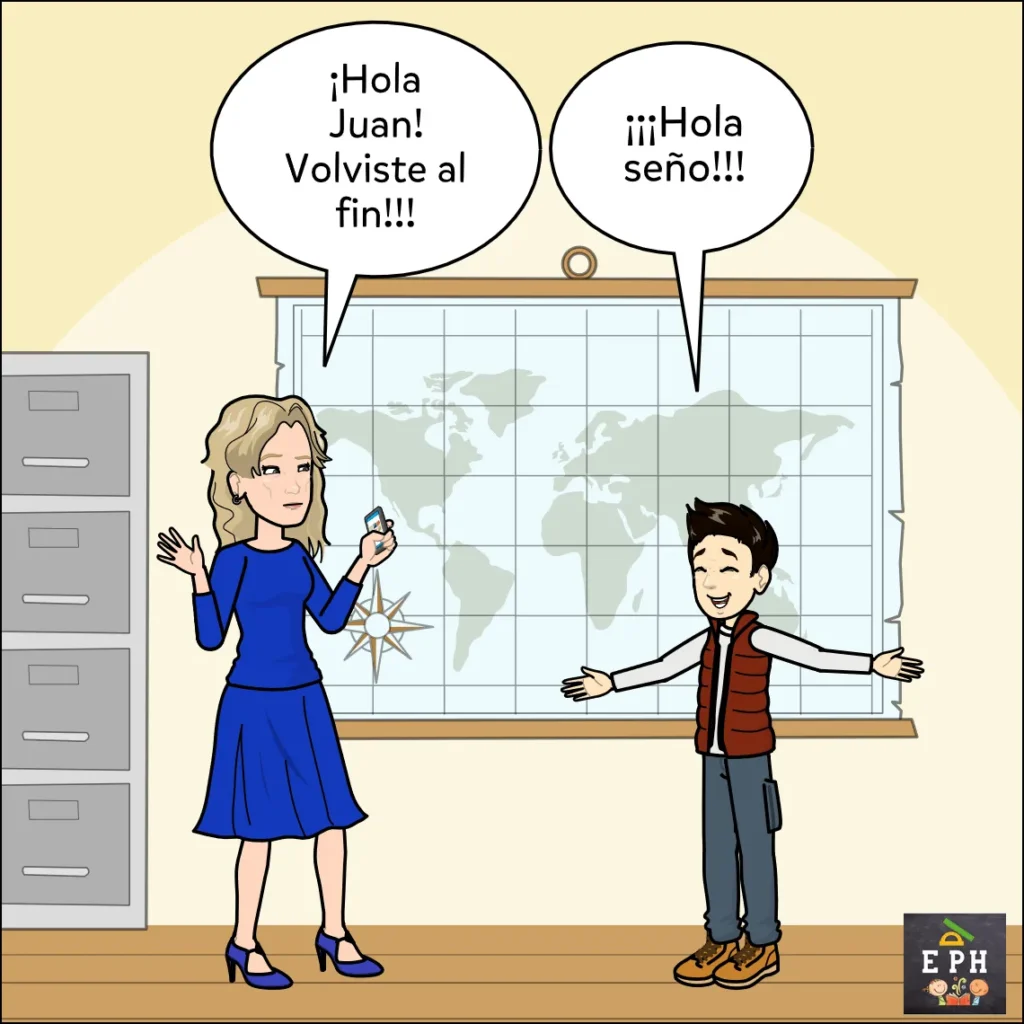 Docente saluda en el aula a un alumno que regresa después de varios días de ausencia.