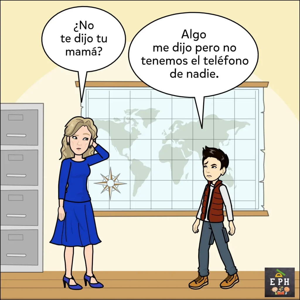 Docente pregunta a un alumno ausente si su mamá le avisó de la tarea y el alumno responde que no tienen el teléfono de nadie como para pedirla.