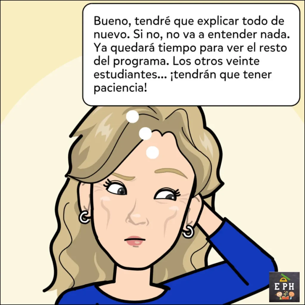 Primer plano de una docente pensando que deberá explicar todo de nuevo para que un alumno ausente entienda la clase.
