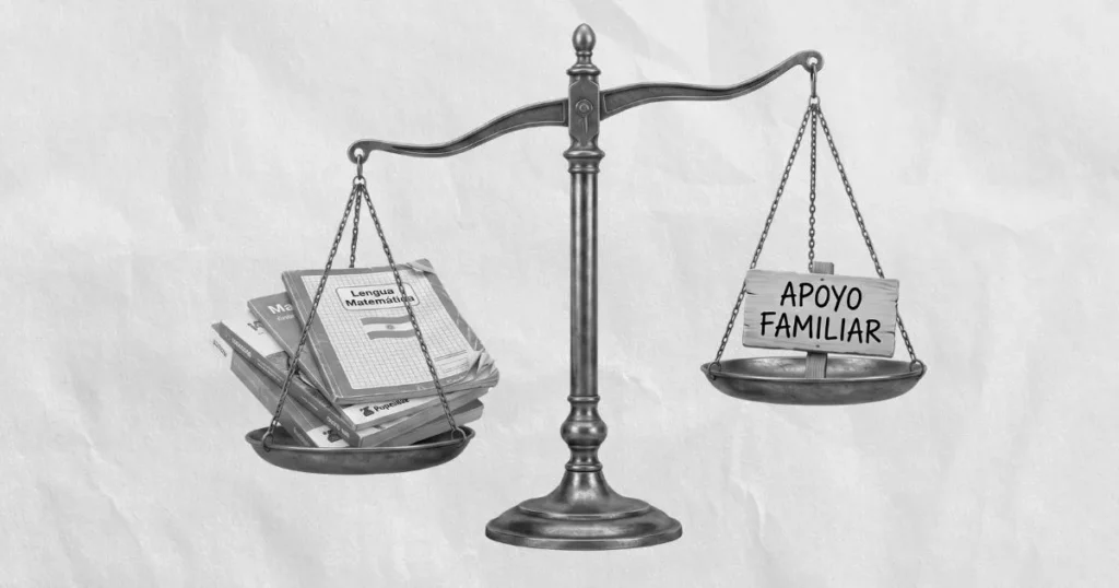 Imagen en escala de grises sobre fondo de papel arrugado que muestra una balanza antigua desequilibrada: en el plato izquierdo hay una pila de libros escolares y en el derecho un cartel de madera que dice "Apoyo Familiar".
