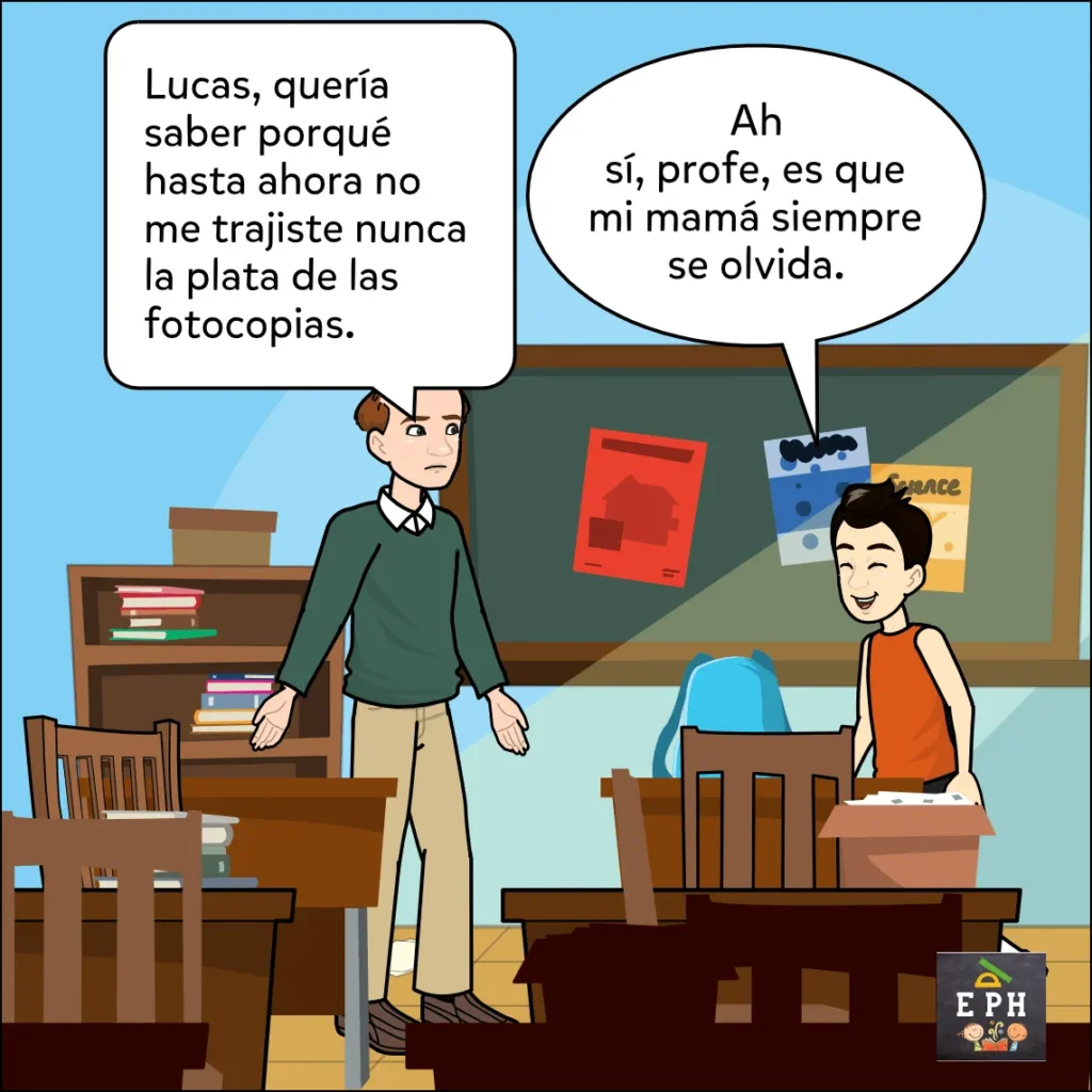 Viñeta de historieta: El docente le pregunta a Lucas por el pago de las fotocopias y el alumno responde riendo que su mamá siempre se olvida.