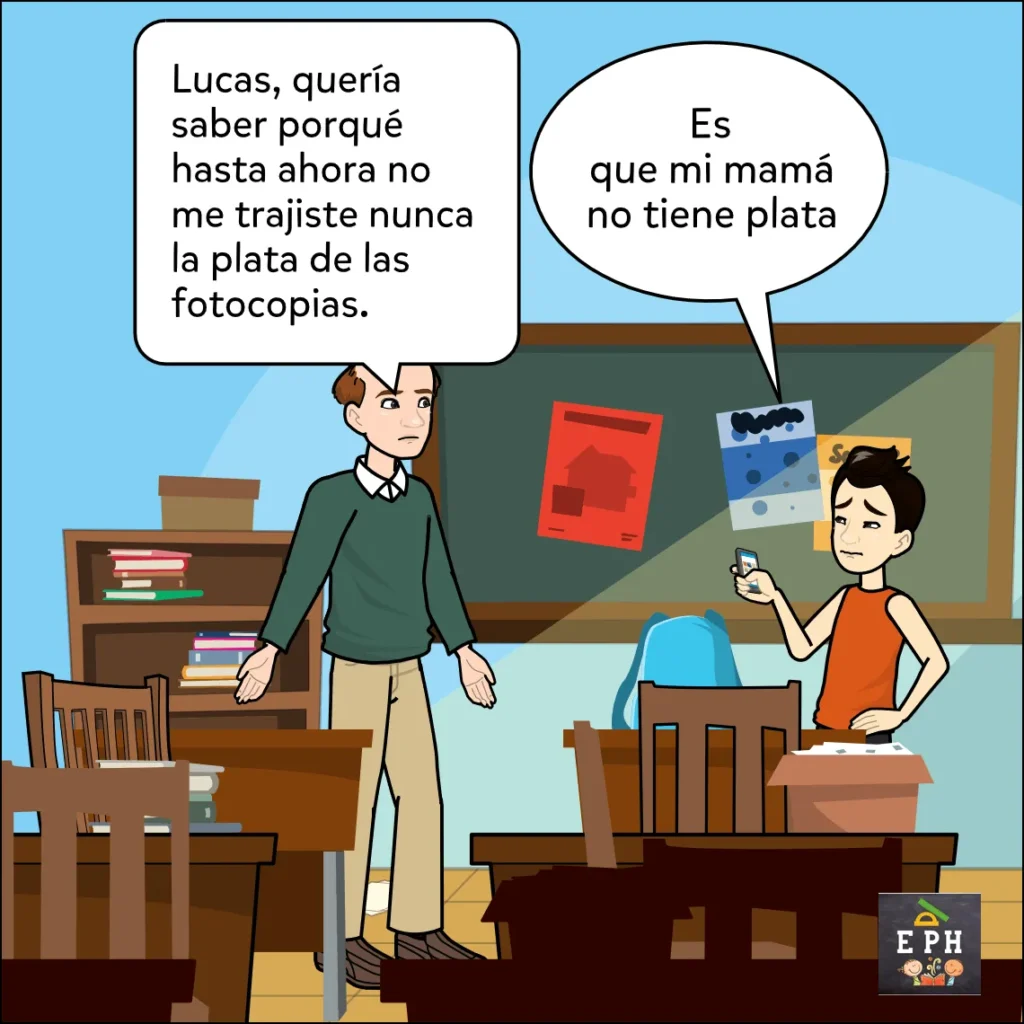 Viñeta de historieta: Un alumno le muestra orgulloso un celular nuevo al docente mientras le confirma que todavía no tiene la plata de las fotocopias.