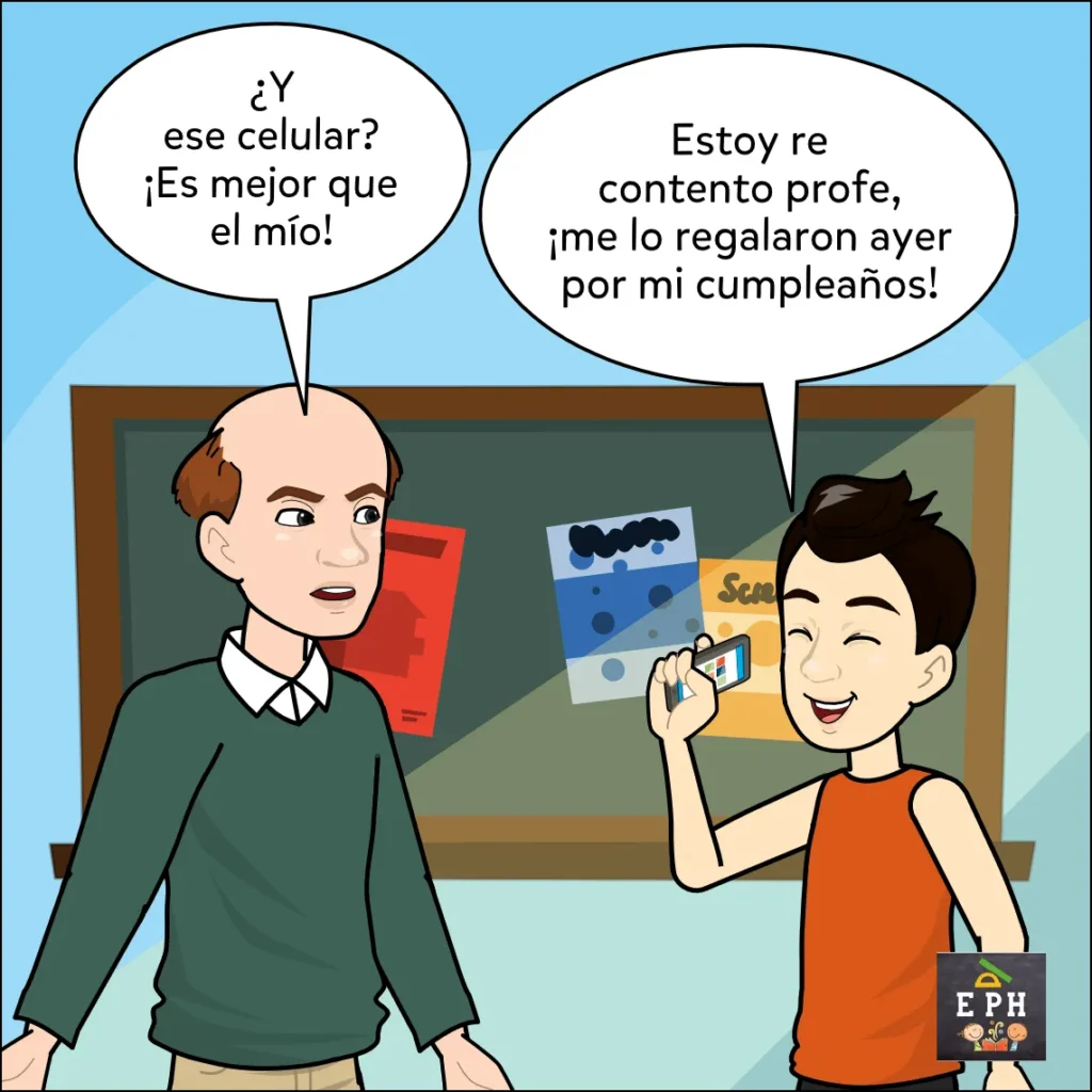 Ilustración de un profesor mirando con asombro el nuevo smartphone de un alumno. El docente pregunta: "¿Y ese celular? ¡Es mejor que el mío!", y el estudiante responde con alegría que fue un regalo de cumpleaños. Al fondo, una pizarra de aula completa la escena.