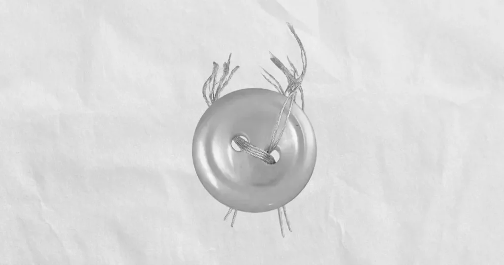 Botón translúcido de guardapolvo escolar en escala de grises con hilos sueltos sobre fondo de papel arrugado.